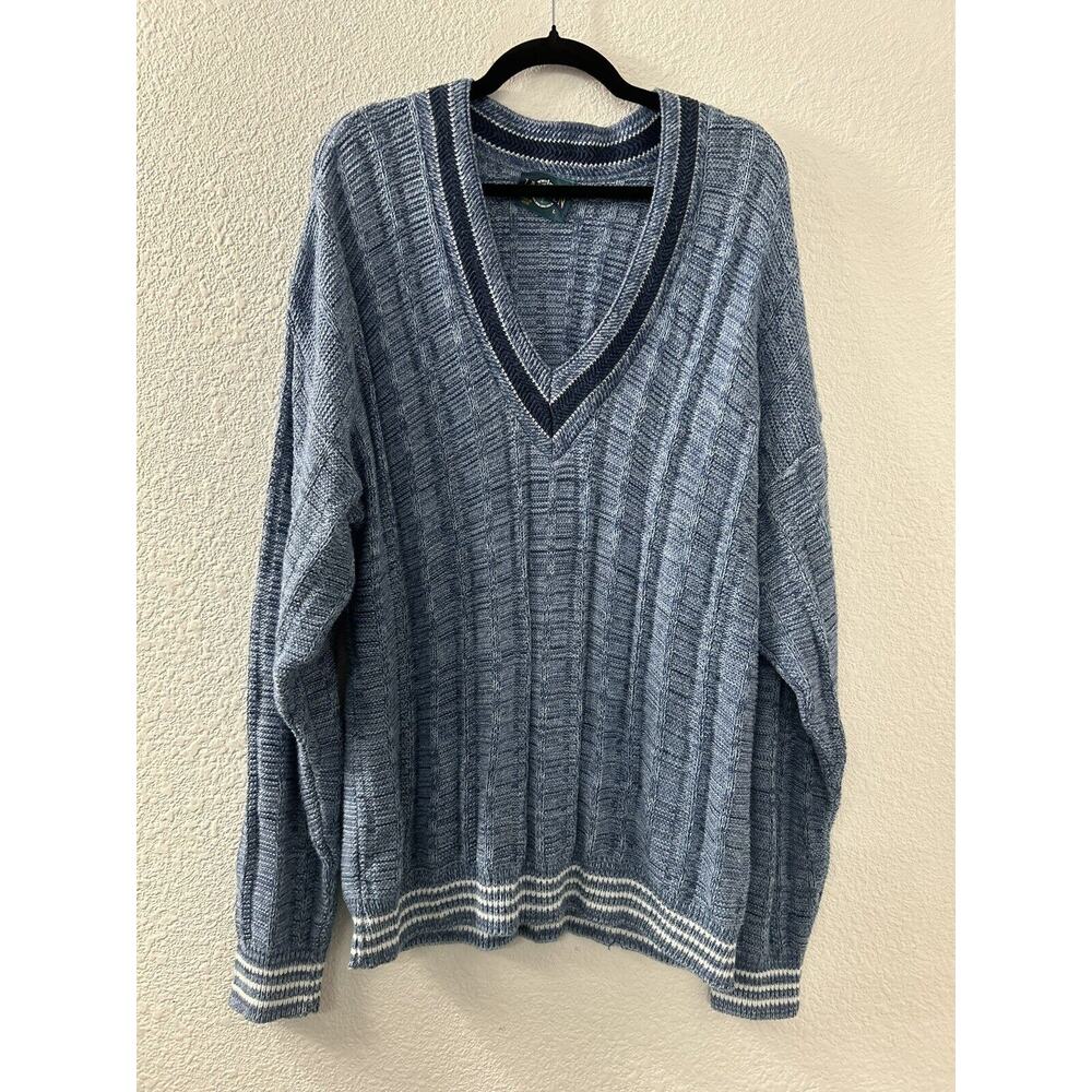 Vintage JANTZEN Mens Sz L‎ VNeck Cable Knit Grandpa Sweater Chunky Oversized 80s